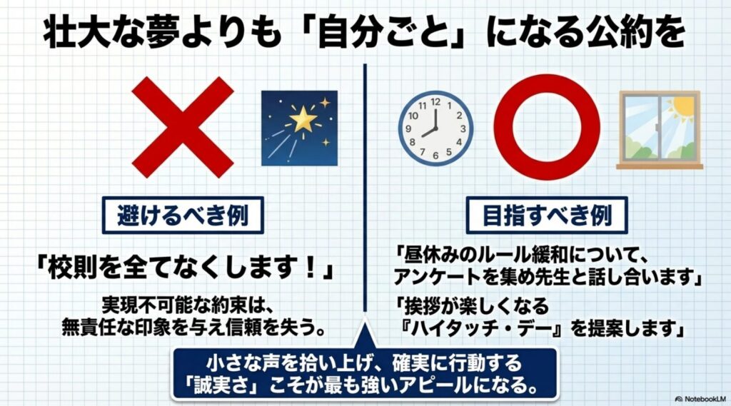 壮大な夢よりも自分ごとになる公約の例：校則を全てなくすといった実現不可能な約束は避け、昼休みのルール緩和など身近な目標を目指す
