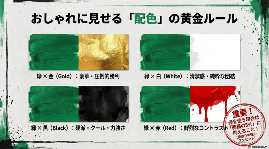 緑と相性の良い金、白、黒の組み合わせ例と、アクセントカラーとしての赤を5%以内に抑える重要性を説いたスライド。