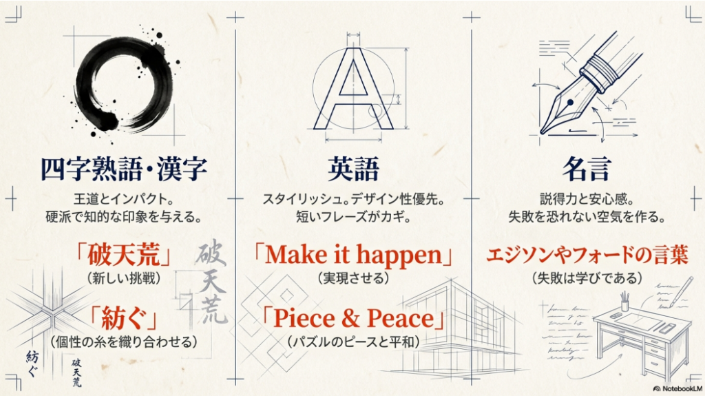 学級目標のかっこいいフレーズ事例である四字熟語・漢字、英語、名言の特徴まとめ
