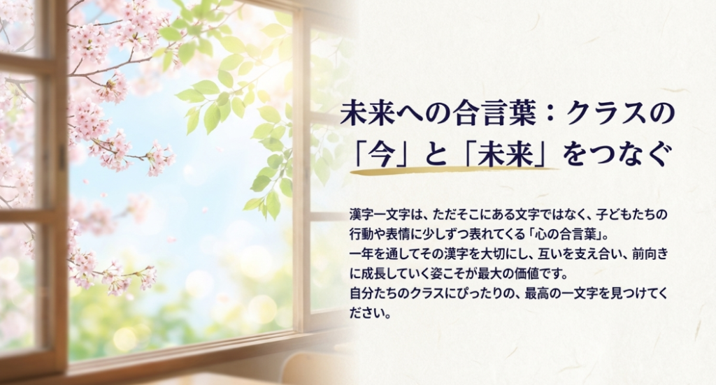 クラスの今と未来をつなぐ心の合言葉として、一年を通して前向きに成長していく姿の価値を伝えるまとめスライド