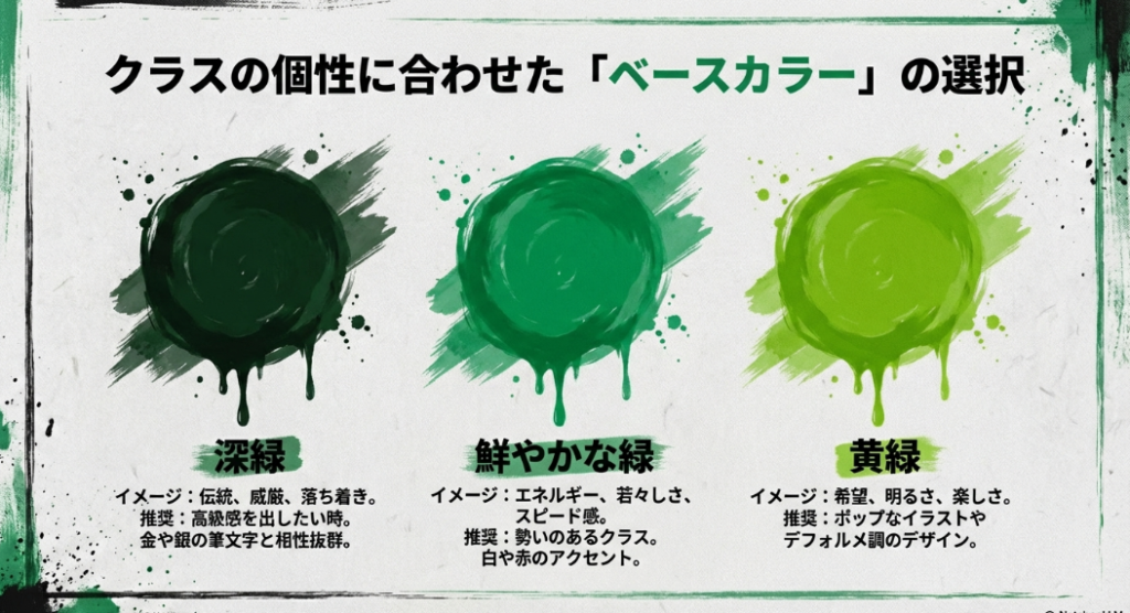 深緑、鮮やかな緑、黄緑の3種類のベースカラーが与えるイメージと、それぞれの推奨されるデザインスタイルを比較したスライド。