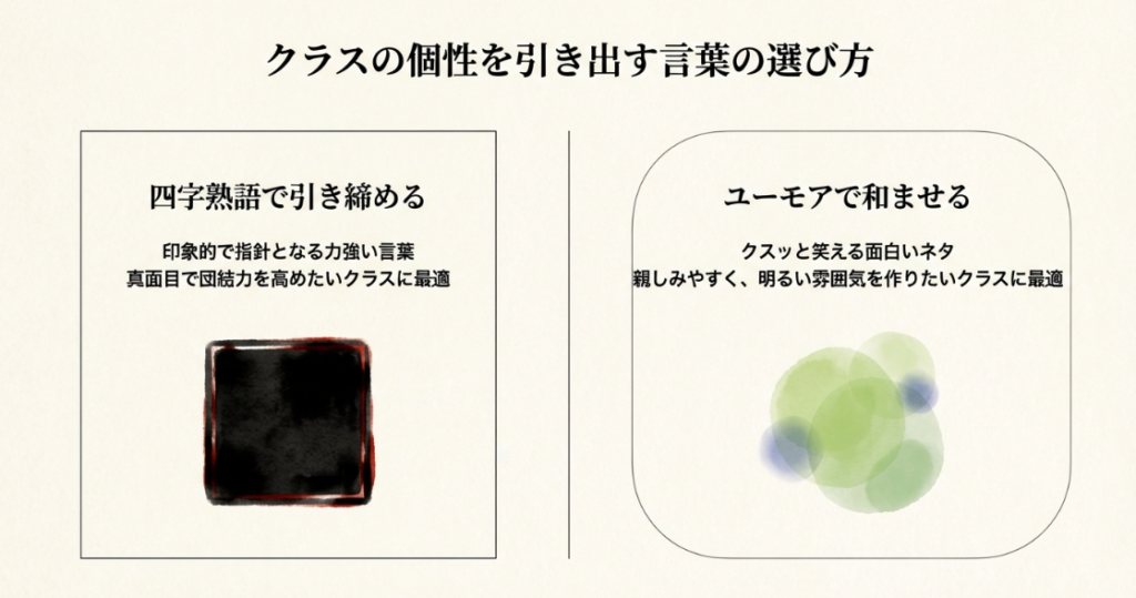 クラスの個性を引き出す言葉の選び方として、四字熟語で引き締める方法と、ユーモアで和ませる方法の2つを紹介する図