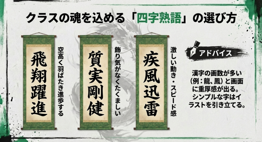 疾風迅雷、質実剛健、飛翔躍進などの四字熟語の意味と、漢字の画数による視覚的な印象の違いをアドバイスするスライド。
