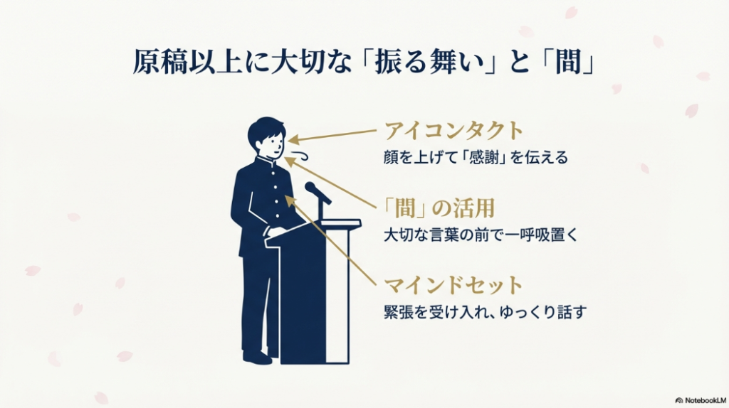 アイコンタクト、一呼吸置く「間」の活用、ゆっくり話すマインドセットを図解したスライド