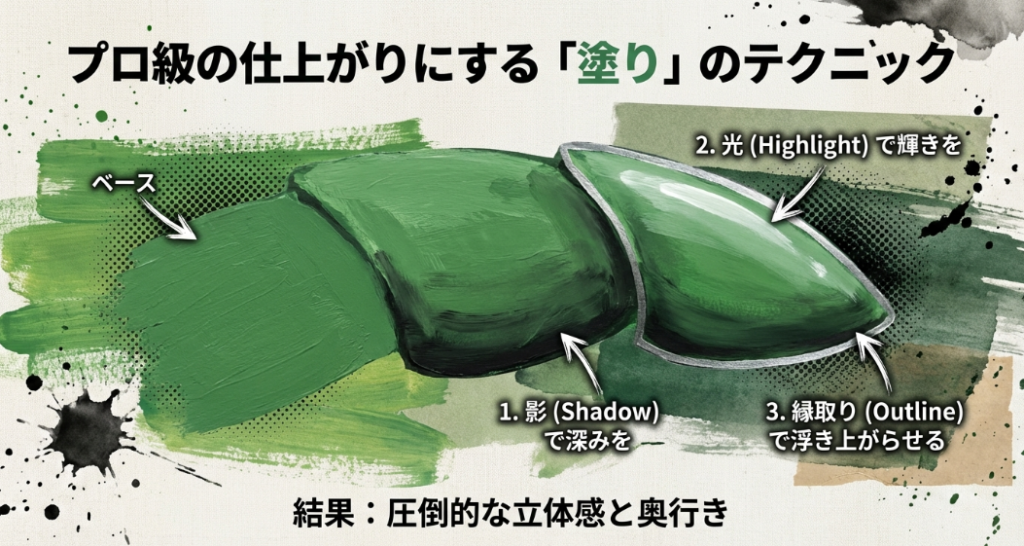 影(シャドウ)、光(ハイライト)、縁取り(アウトライン)の3ステップで、旗に圧倒的な立体感と奥行きを出す方法を解説したスライド