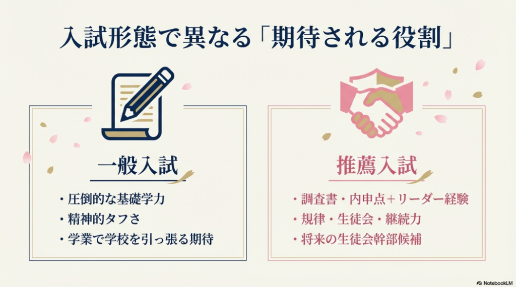 一般入試（学力・精神的タフさ）と推薦入試（リーダー経験・規律・継続力）の役割の違いを比較したスライド