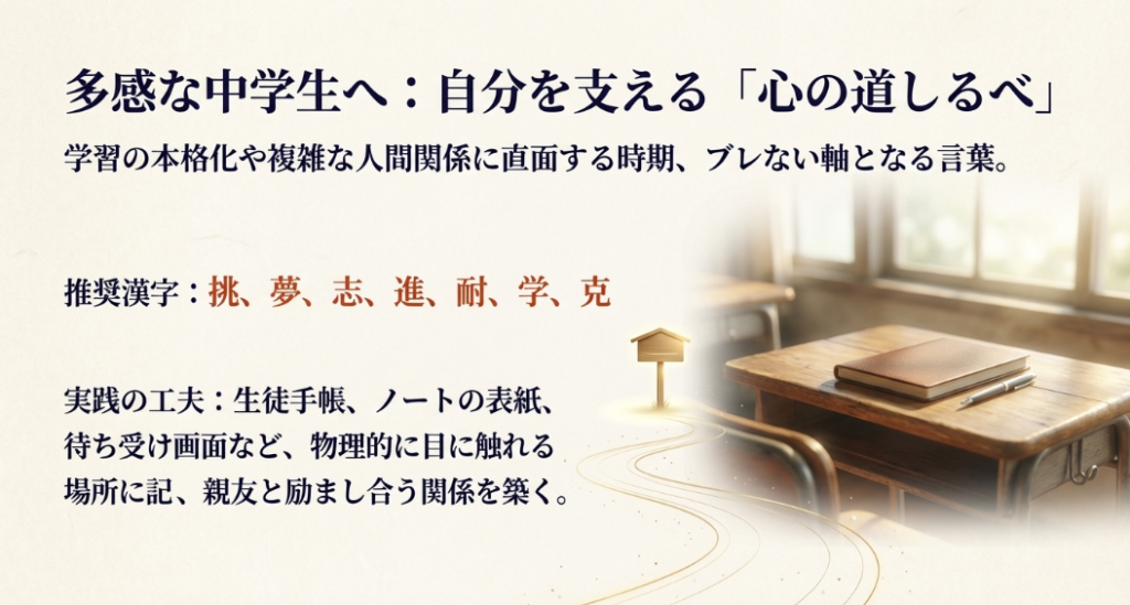 学習や人間関係に直面する中学生のブレない軸となる、挑、夢、志などの推奨漢字と実践の工夫
