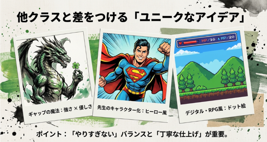 ギャップの魔法、先生のキャラクター化、デジタル・RPG風ドット絵など、個性を出すためのユニークなデザイン案を紹介するスライド。