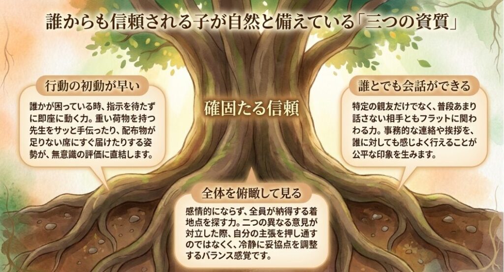 誰からも信頼される子が自然と備えている「行動の初動が早い」「全体を俯瞰して見る」「誰とでも会話ができる」という3つの資質