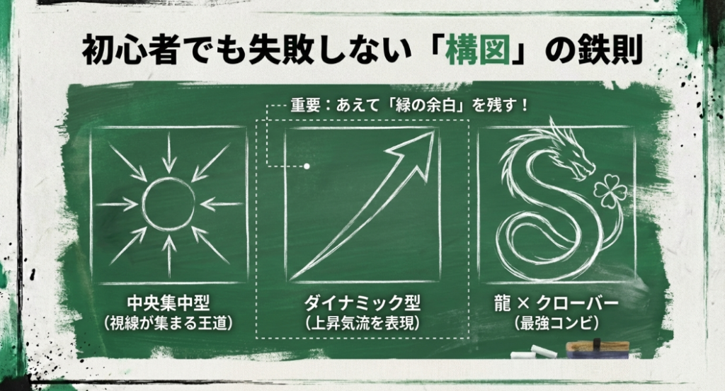 中央集中型、ダイナミック型、龍×クローバーなどの構図パターンと、あえて緑の余白を残す重要性を示したスライド。