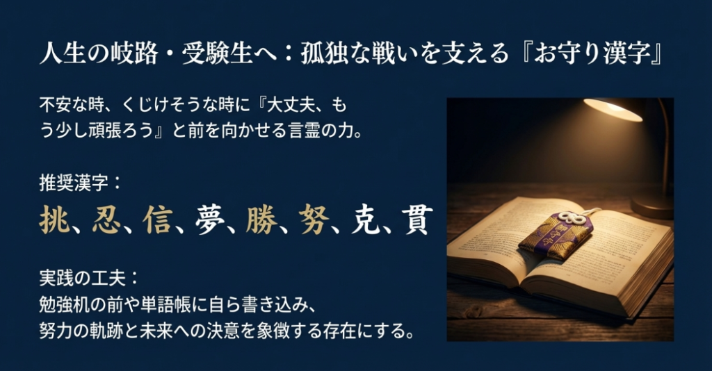 暖かいランプの光に照らされた本の上に置かれた御守りと、受験生を前向きにさせる挑、忍、信などの推奨漢字