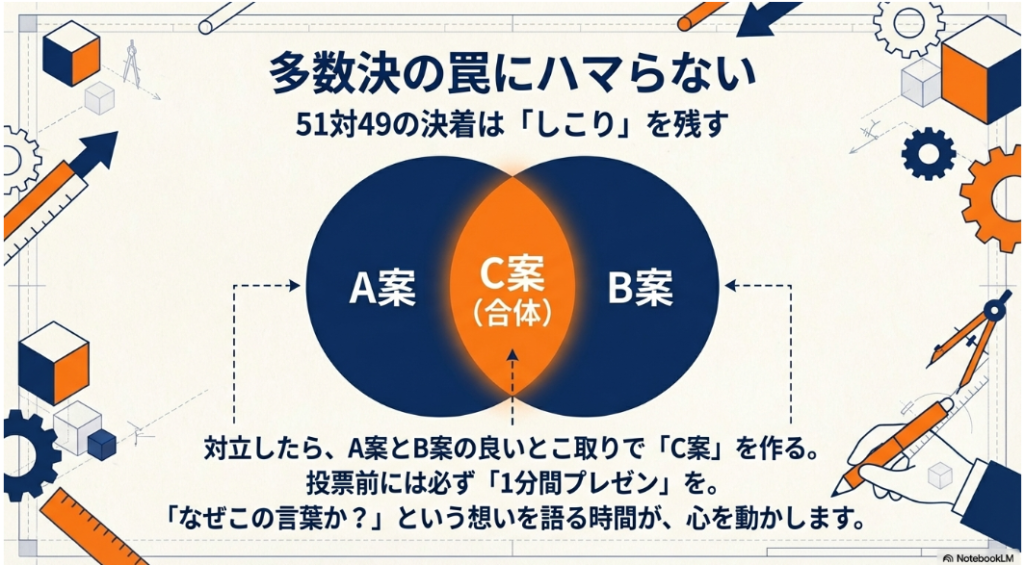 A案とB案を合体させてC案を作るプロセスと、投票前のプレゼンタイムの重要性についての解説。