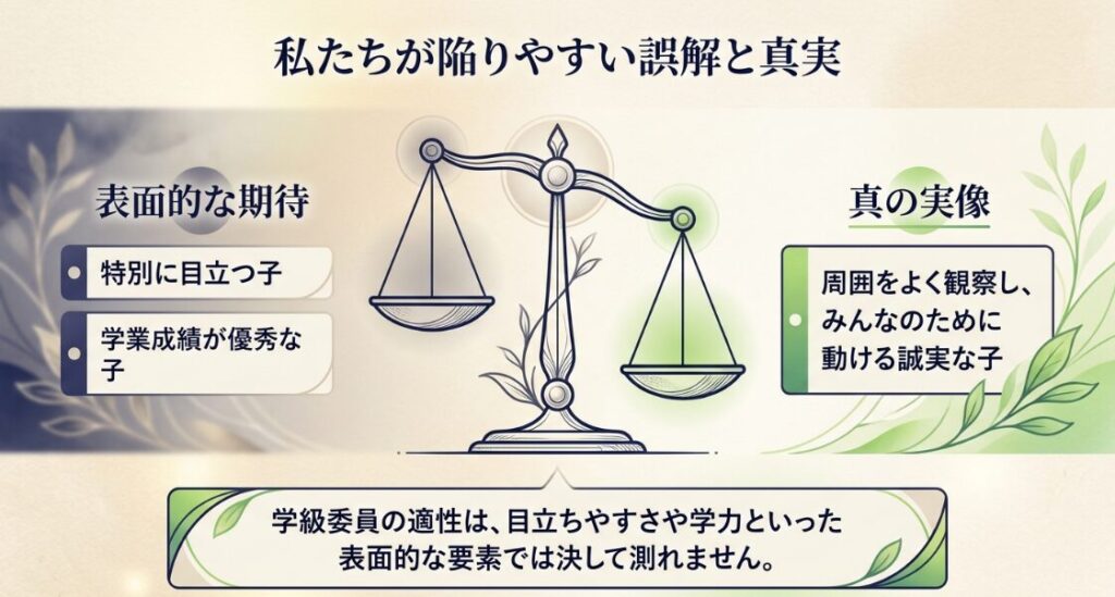 特別に目立つ子や学業成績が優秀な子といった表面的な期待ではなく、周囲を観察し動ける誠実な子が真の実像であることを示す天秤の図