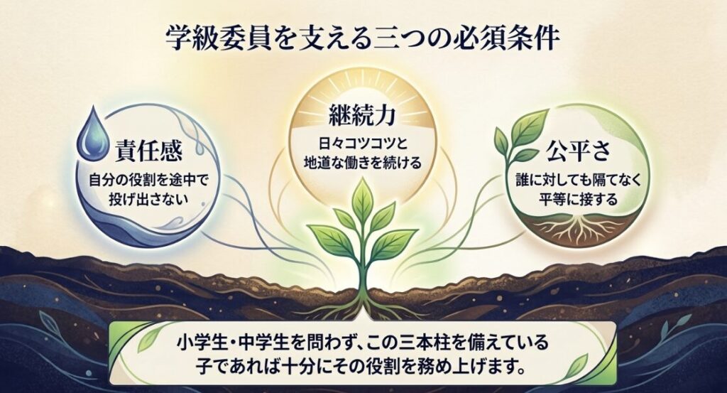 学級委員に欠かせない責任感、継続力、公平さという3つの必須条件を示す図
