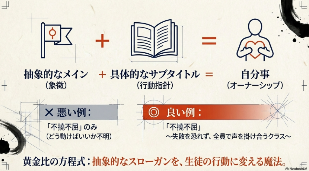 抽象的なメインタイトルと具体的な行動指針となるサブタイトルを組み合わせる黄金比の方程式