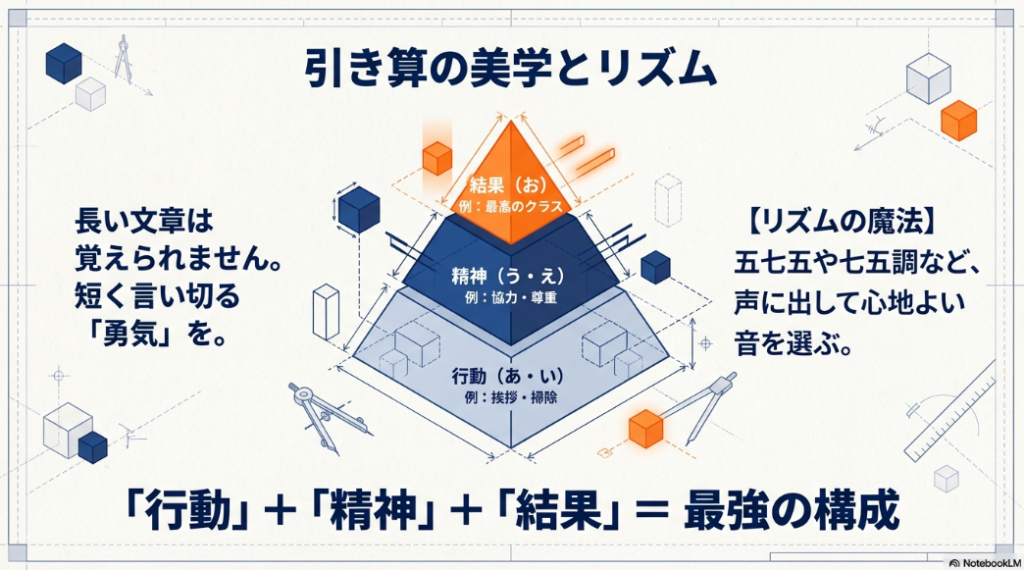 行動・精神・結果を組み合わせる学級目標の最強構成図と、五七五のリズムを意識するポイントの解説。