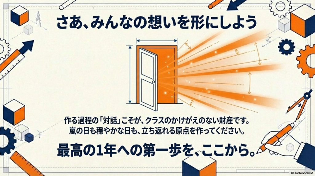 作る過程の対話こそが財産であり、嵐の日も穏やかな日も立ち返れる原点を作ろうというメッセージ画像。