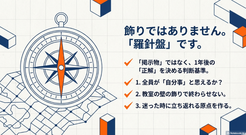 学級目標を教室の飾りではなく、1年後の正解を決めるための羅針盤として定義する解説画像。