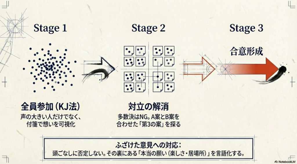 全員参加のKJ法から対立の解消、ふざけた意見への対応までを示す合意形成の3ステップ
