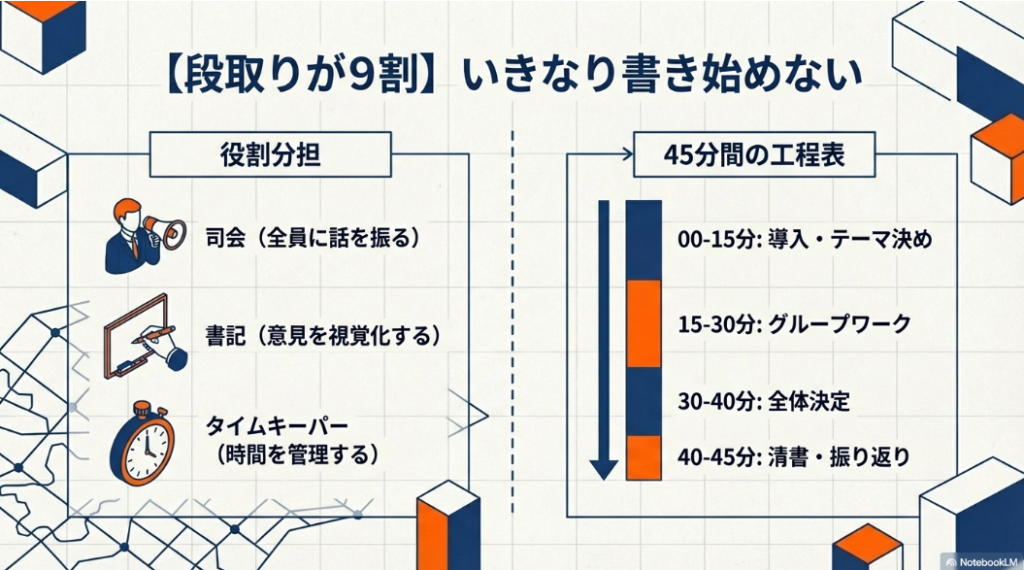 司会・書記・タイムキーパーの役割と、45分間で学級目標を決めるための工程表スケジュール。