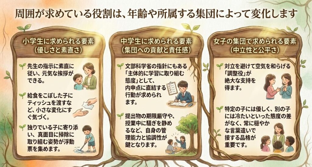 小学生の「優しさと素直さ」、中学生の「集団への貢献と責任感」、女子集団の「中立性と公平さ」など、周囲が求めている役割の変化