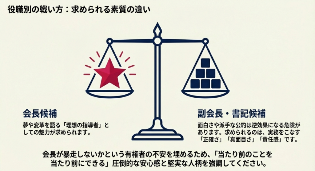 会長候補と副会長・書記候補で求められる素質の違いを説明する図