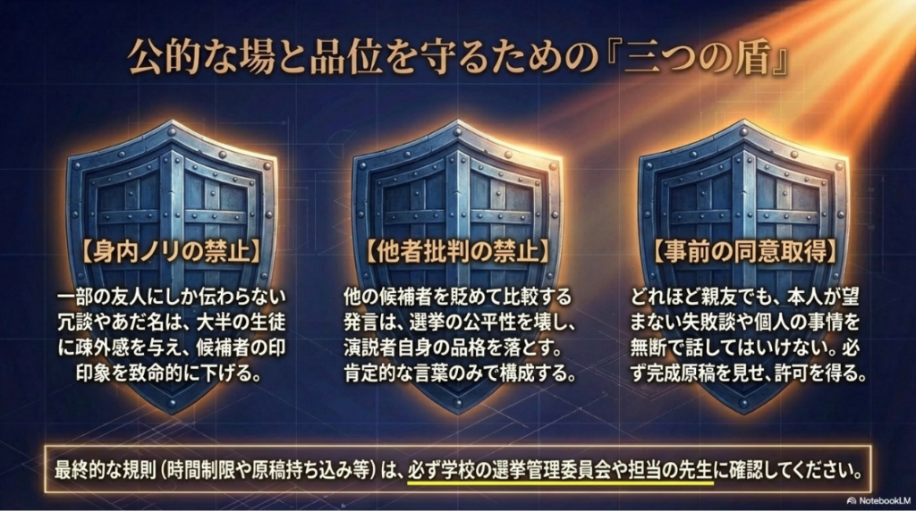 公的な場と品位を守るための3つの盾（身内ノリの禁止・他者批判の禁止・事前の同意取得）