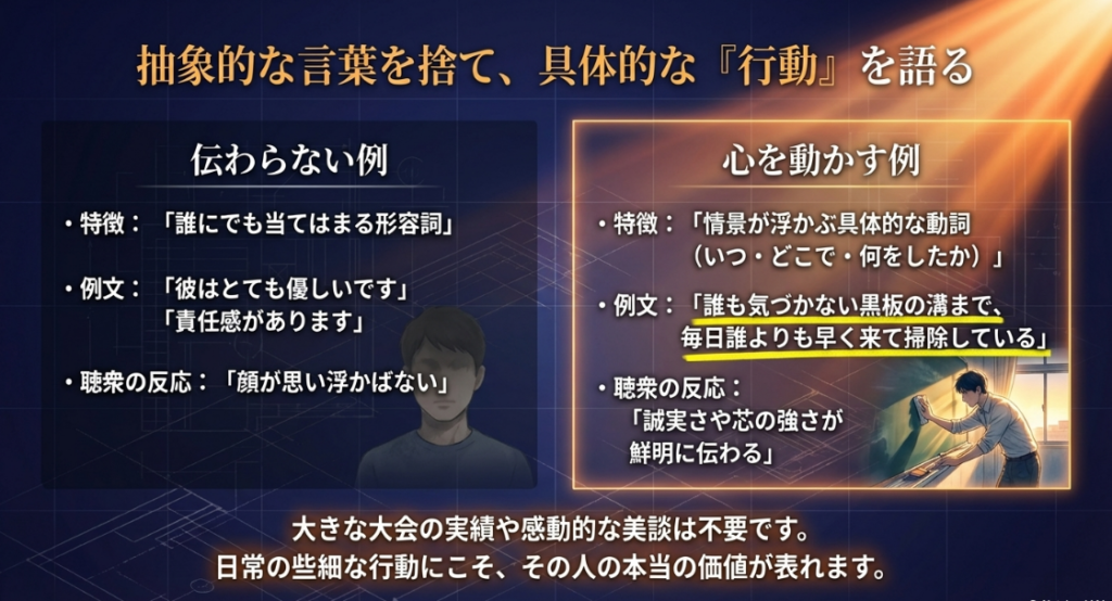抽象的な言葉を捨て、具体的な行動や情景を語る心を動かすエピソードの例