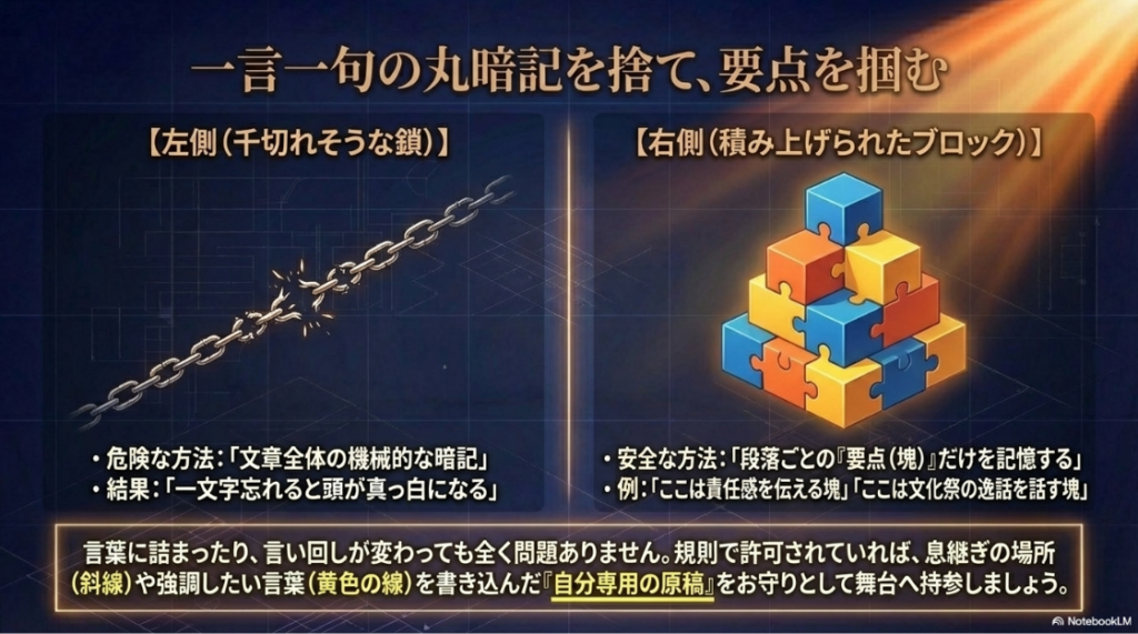 一言一句の機械的な丸暗記を避け、段落ごとの要点（ブロック）で記憶する安全な暗記方法