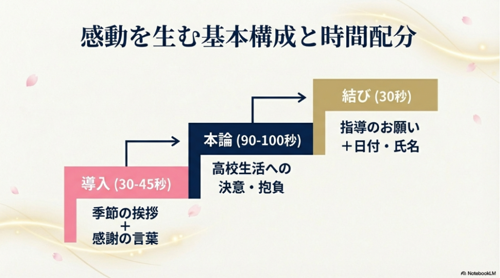 導入（季節の挨拶・感謝）、本論（決意・抱負）、結び（指導のお願い）の時間配分を示したスライド