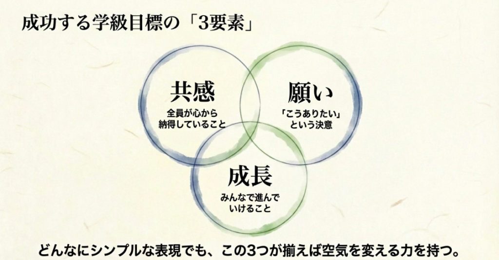 成功する学級目標に必要な「共感」「願い」「成長」という3つの要素を表したベン図