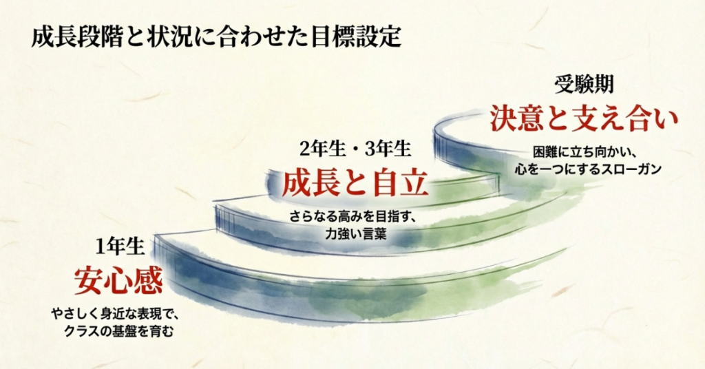 1年生、2・3年生、受験期など、中学生の成長段階と状況に合わせた学級目標設定のポイントを解説する図
