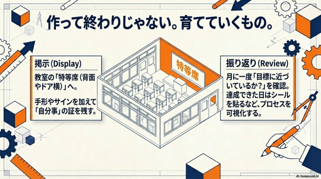 背面黒板やドア横など教室の特等席への掲示と、月に一度シール等で達成度を確認する振り返りプロセスの図。