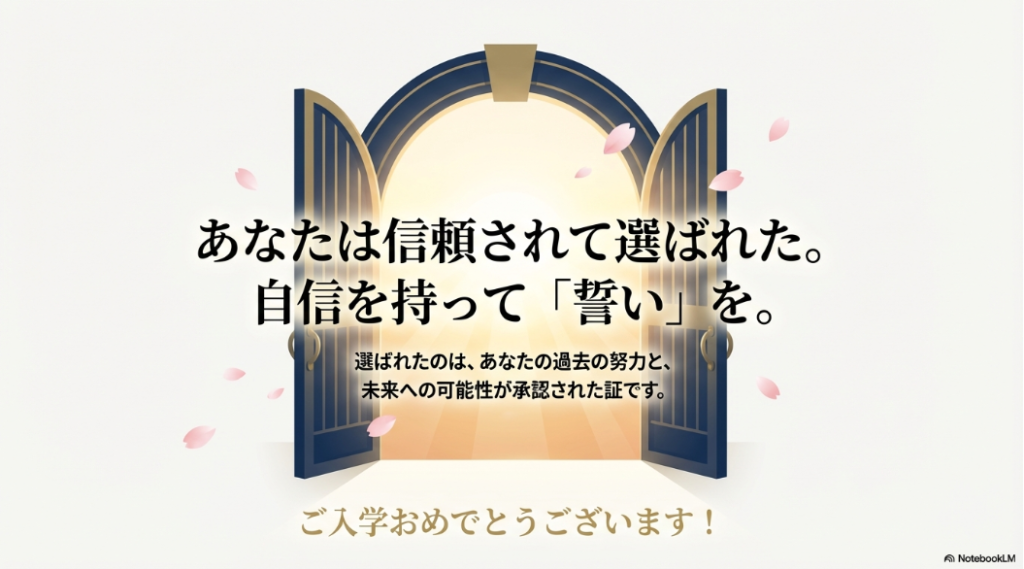 「あなたは信頼されて選ばれた。自信を持って誓いを」という励ましの言葉が書かれた結びのスライド