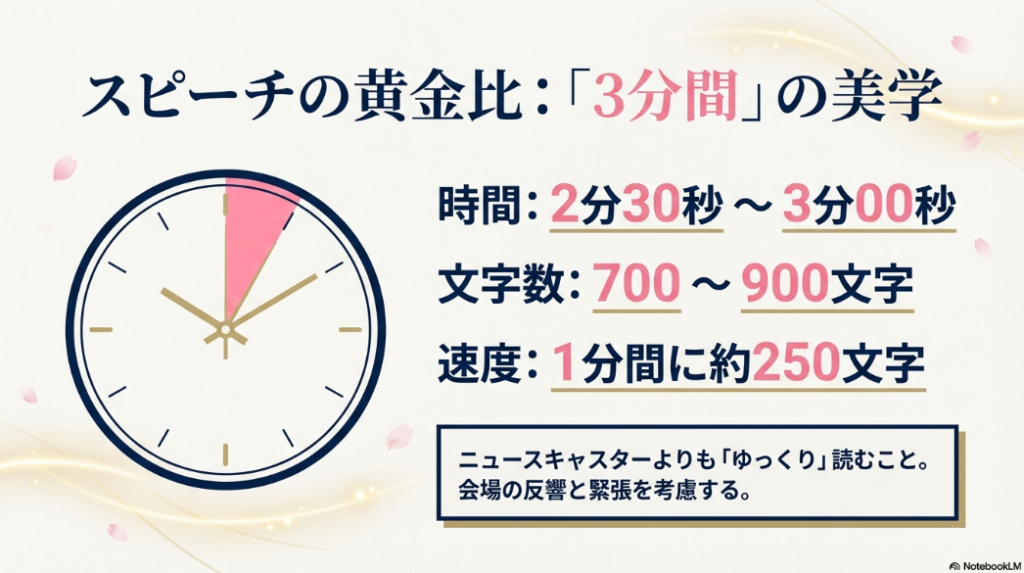 スピーチ時間は2分30秒〜3分、文字数は700〜900文字、速度は1分間250文字が理想であることを示すスライド