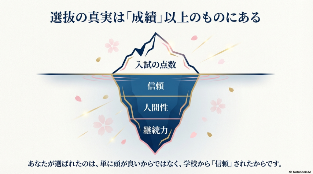 氷山の図で、水上の「入試の点数」に対し、水面下の「信頼」「人間性」「継続力」が重要であることを示すスライド