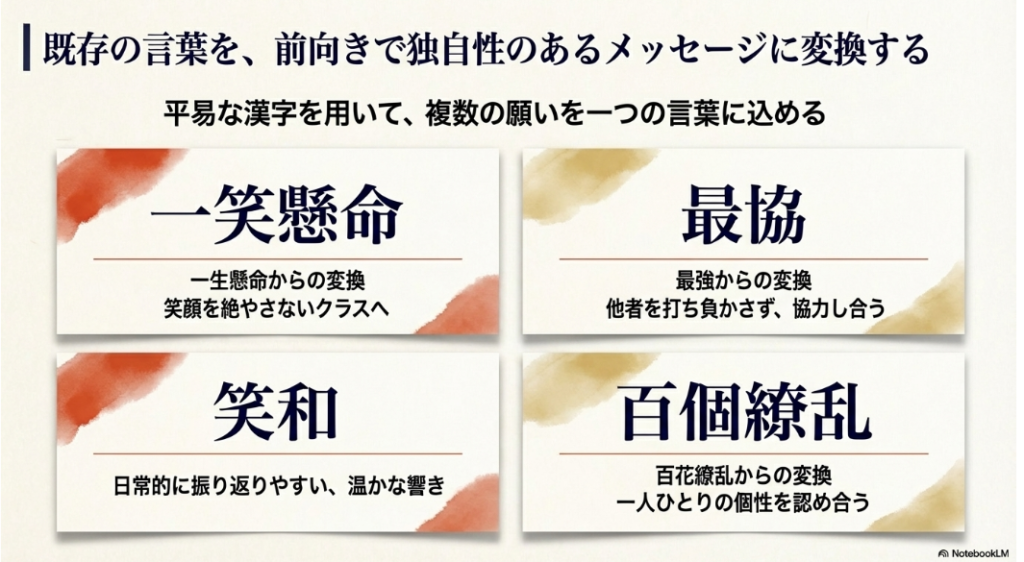 一笑懸命や最協など既存の言葉を前向きな当て字に変換する実例