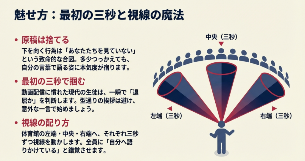 体育館の左端、中央、右端へそれぞれ3秒ずつ視線を配る図解