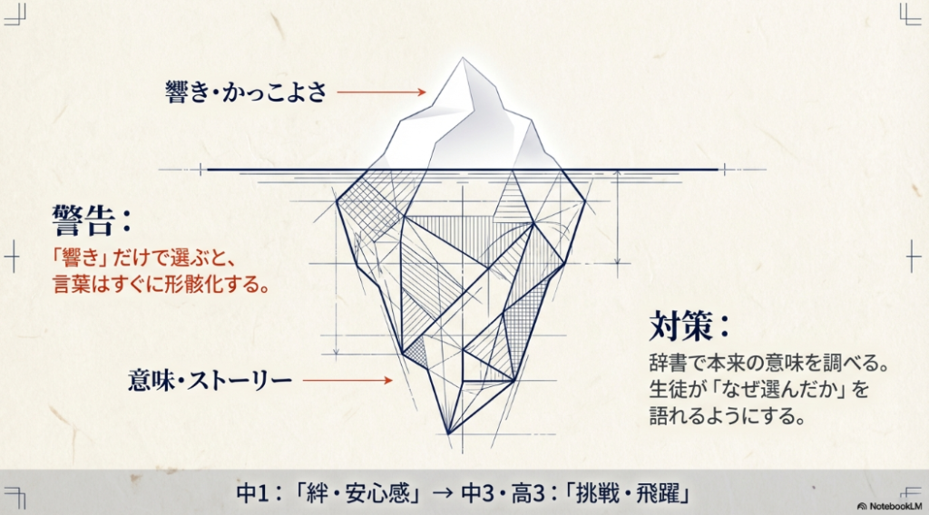 言葉の響きだけでなく本来の意味やストーリーを重視する氷山モデルの解説図