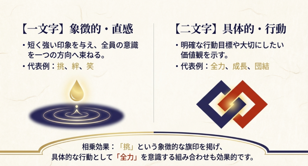 象徴的で直感的な漢字一文字と、具体的で行動を示す漢字二文字の特徴の比較と相乗効果