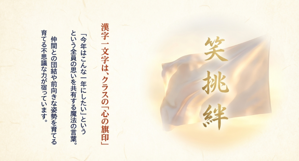 笑、挑、絆など、仲間との団結や前向きな姿勢を育てる「心の旗印」としての漢字一文字の役割