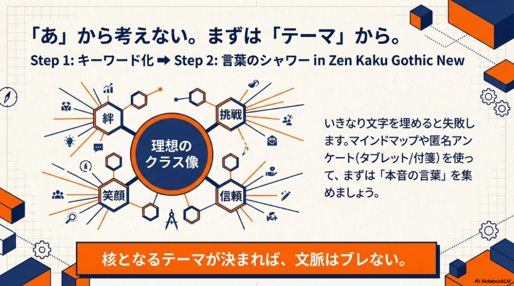 絆・挑戦・笑顔・信頼といったキーワードから理想のクラス像を広げるマインドマップのイメージ図。