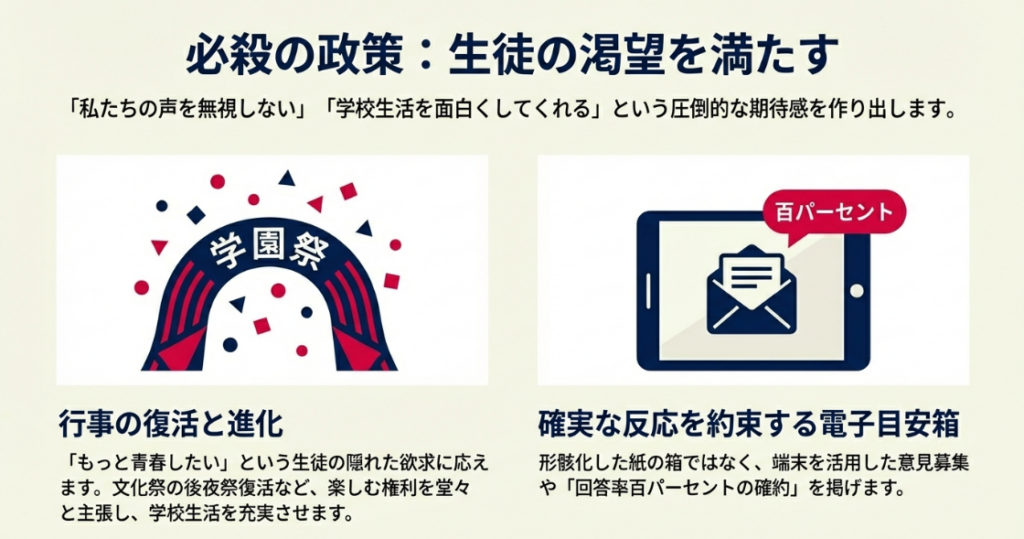 学園祭のアーチと、回答率百パーセントを約束する電子目安箱のイラスト