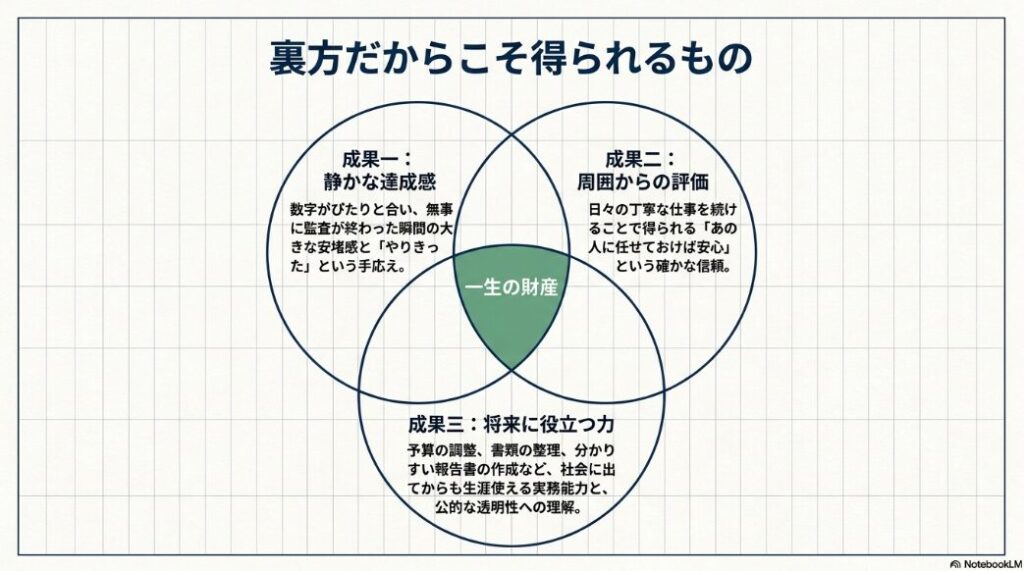 生徒会会計を通じて得られる静かな達成感、周囲からの評価、将来に役立つ力を示したスライド