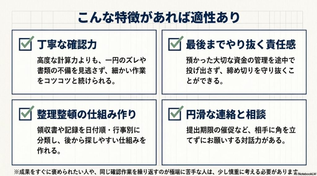 丁寧な確認力、責任感、整理整頓、円滑な連絡と相談など、生徒会会計に向いている特徴をまとめたスライド