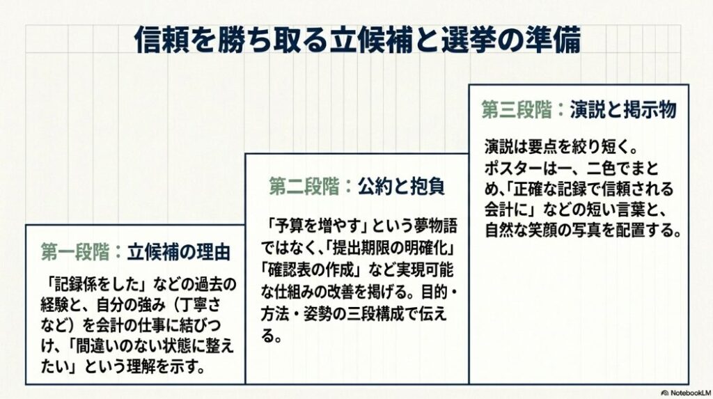 立候補理由、公約と抱負、演説と掲示物の3段階で信頼を得る準備を整理したスライド