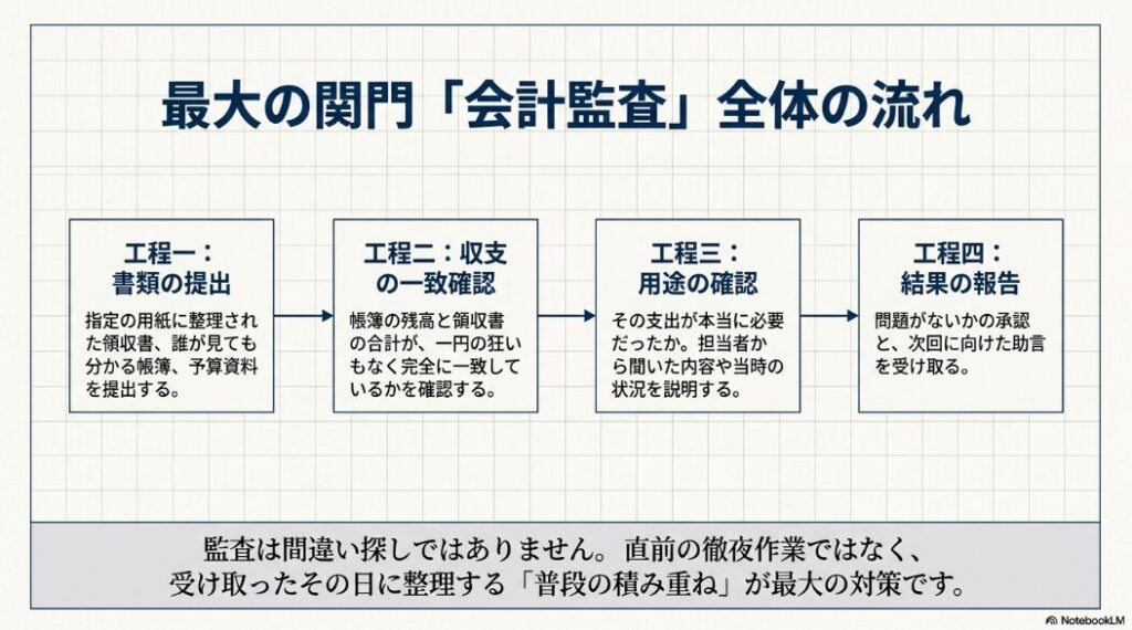 書類提出、収支の一致確認、用途確認、結果報告という会計監査の基本的な流れを示したスライド