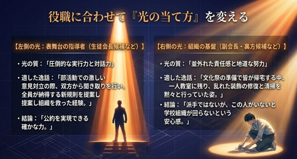 生徒会長候補と副会長・裏方候補におけるアピールポイントと適したエピソードの違い