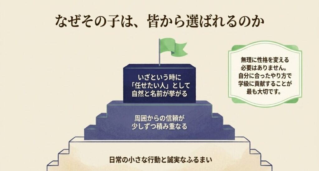 日常の小さな行動と誠実なふるまいによって信頼が積み重なり、いざという時に任せたい人として選ばれるステップを表した図