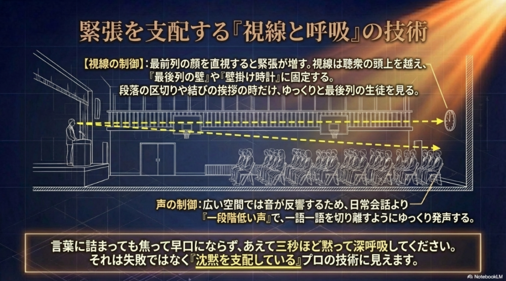 緊張を支配する視線の制御（最前列ではなく最後列の壁を見る）と声の制御技術
